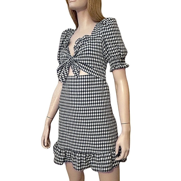 Topshop Dress Gingham Check Cut Out Back and Front Puff Sleeves Shirring NWOT - Picture 4 of 16